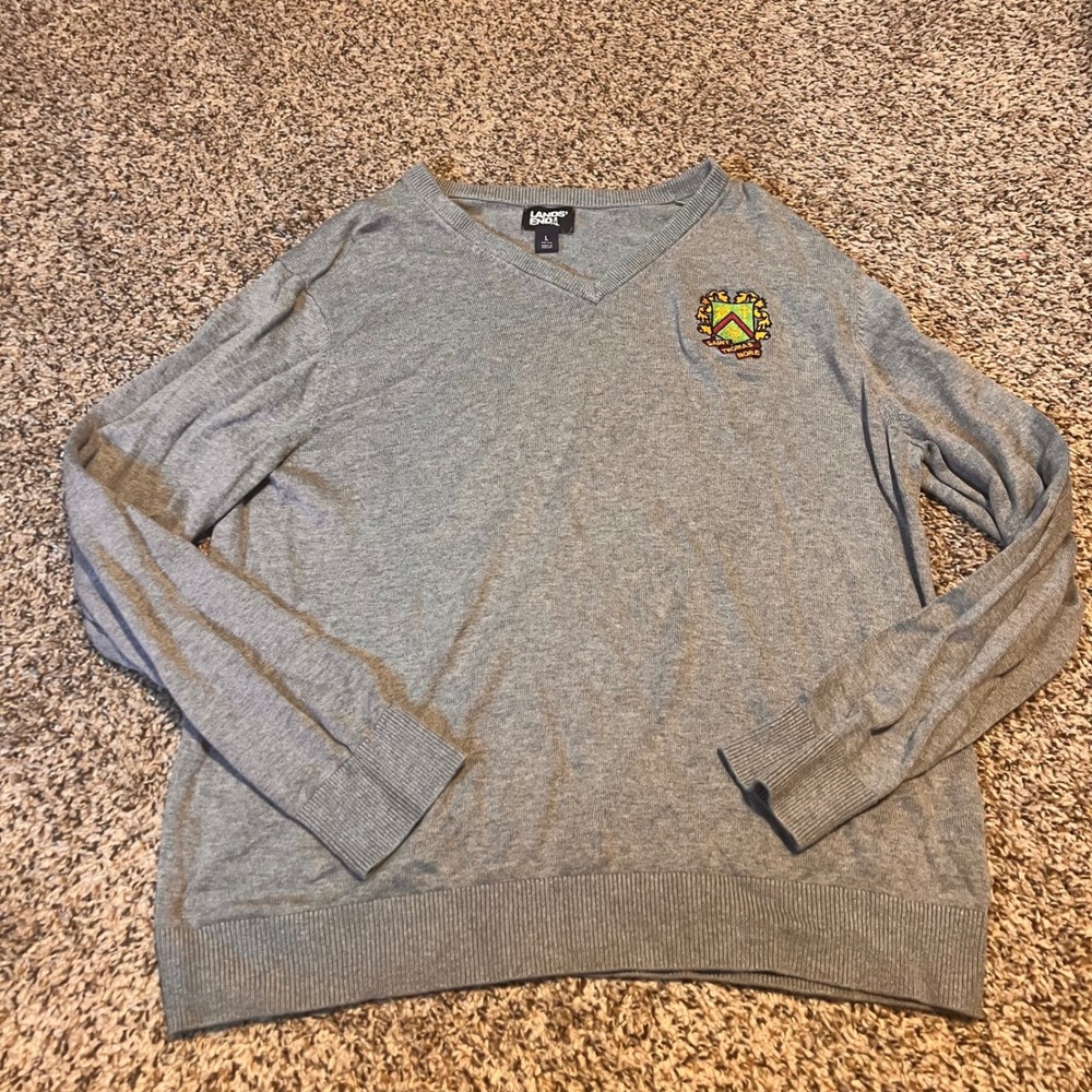 Lands End Gray V Neck Crest Logo Sweater Mens Large V-Neck Long Sleeve Pullover